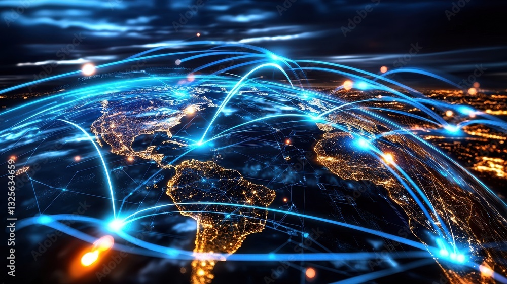 Poster aerial view of a global digital network and data exchange infrastructure over a brightly illuminated