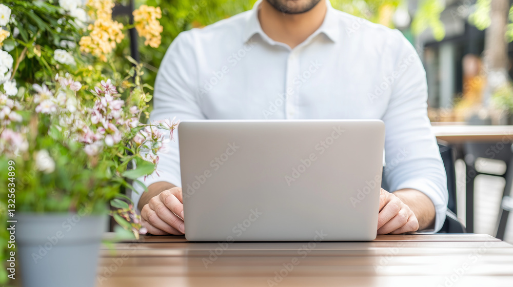 Poster man at the desk in front of laptop: a man sitting at the table in front of the laptop in cafe. close