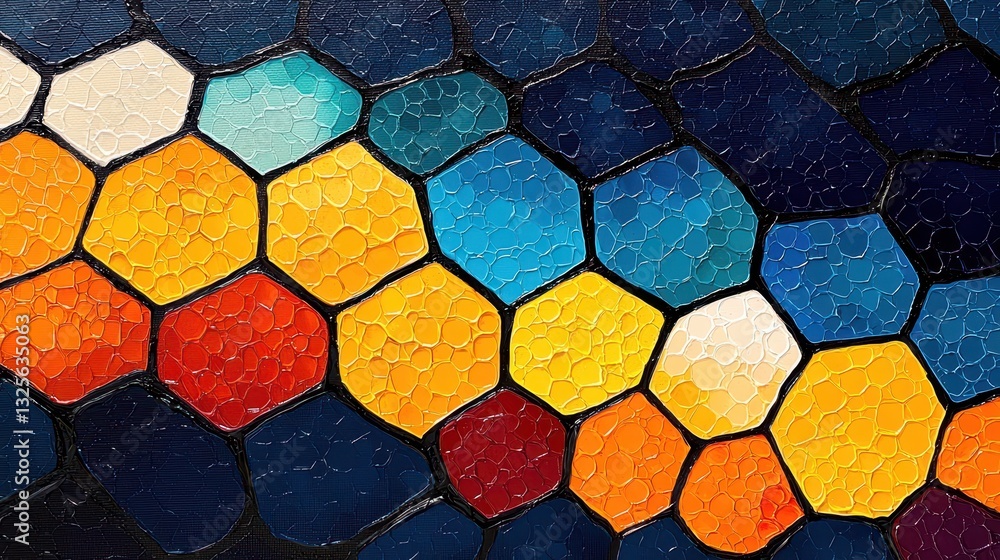 Poster colorful hexagonal patterns in an abstract oil painting texture