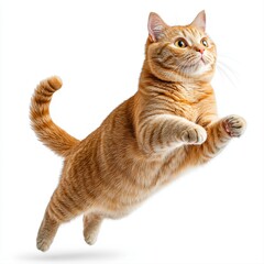 Ginger Cat Leaping Against White Background