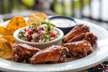 Barbeque chicken wings with salsa and plantain chips, south American appetizer plate