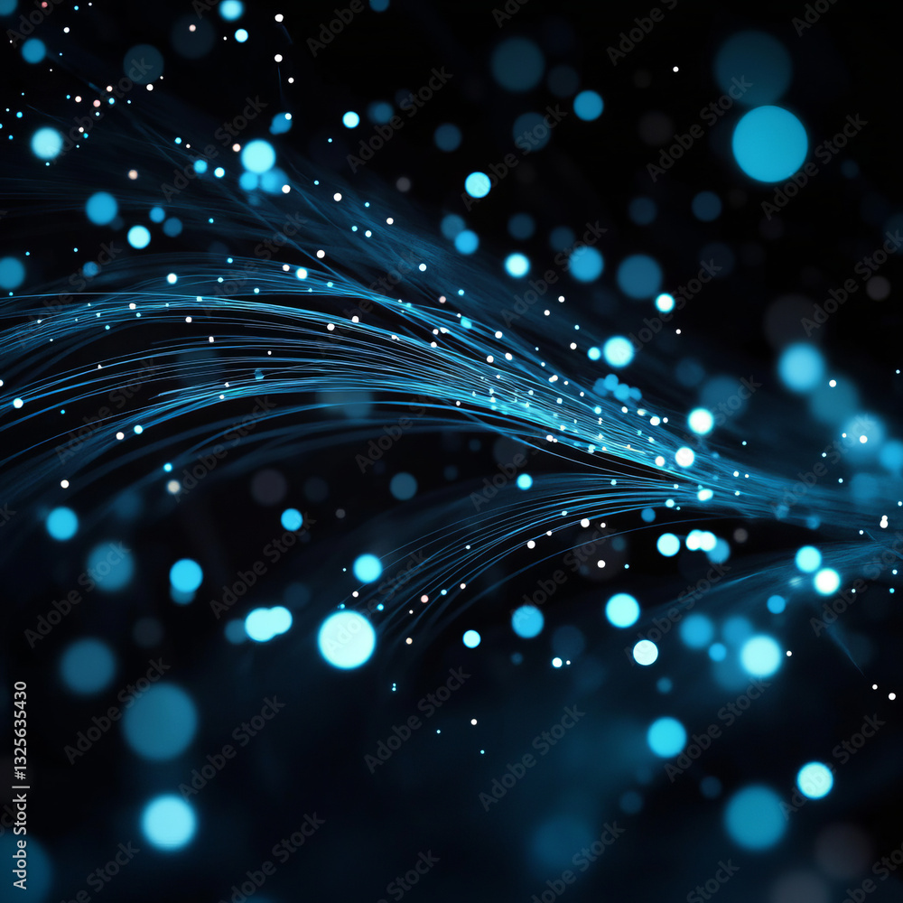 Poster glowing blue lines and bokeh circles flowing dynamically against a dark background.