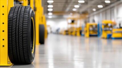 Tires on a metal rack in a repair shop, with workstations and vehicle lifts in the background, ready for servicing