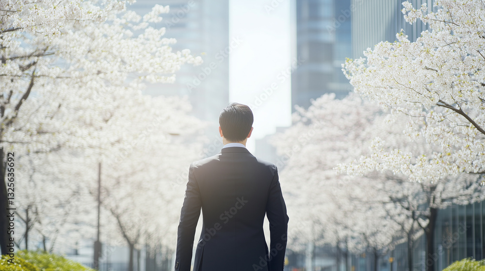 Poster the path to progress: an ambitious businessperson in a tailored suit strides confidently towards mod