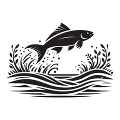 Jumping Fish Silhouette Vector Illustration in Aquatic Landscape