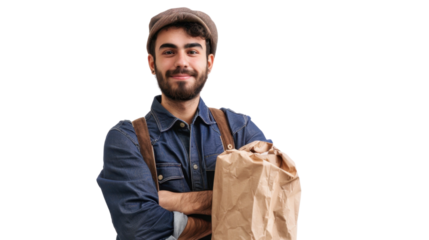 Smiling farmer holding paper bag on transparent background
