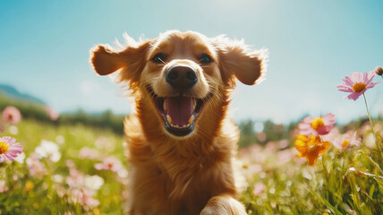 Obraz premium Happy golden retriever running through a blooming meadow on a sunny day, joyful and energetic.
