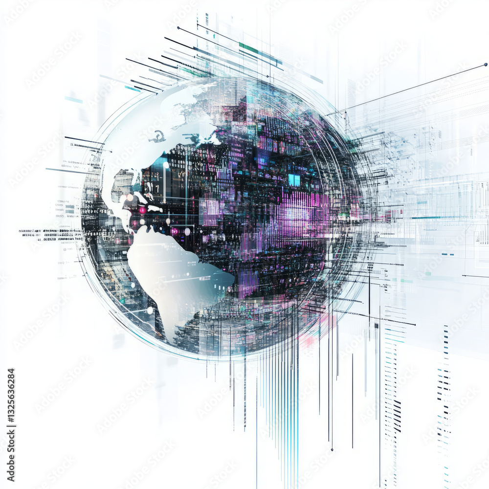 Poster digitally manipulated globe with data streams and cool-toned accents, symbolizing connectivity.