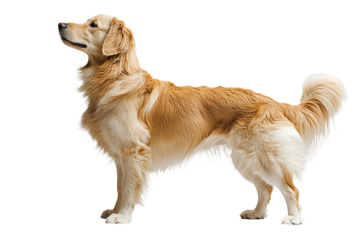 Golden retriever standing gracefully against a white isolated background.