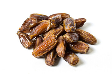 Close up view of kurma tunisia or sweet dried dates palm fruits. Dates fruit isolated on white background. Clipping path.