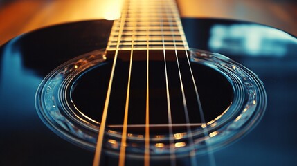 Fototapeta premium Close Up of Black Acoustic Guitar with Warm Lighting