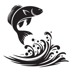 Jumping fish vector illustration with splash silhouette design