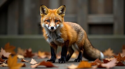 A Red Fox Standing Amidst Autumn Leaves on a Wooden Deck, Showing its Striking Fur and Keen Gaze