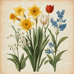 Vintage botanical print showcases a colorful arrangement of flowers including daffodils, tulips, and blue forget-me-nots amid lush green leaves on a soft background