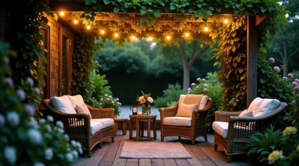 Obraz premium Serene Evening Patio Scene with Rattan Furniture under a Lush Vine-Covered Pergola Illuminated by String Lights