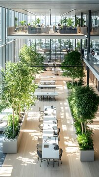Modern Office Interior with Abundant Greenery and Natural Lighting
