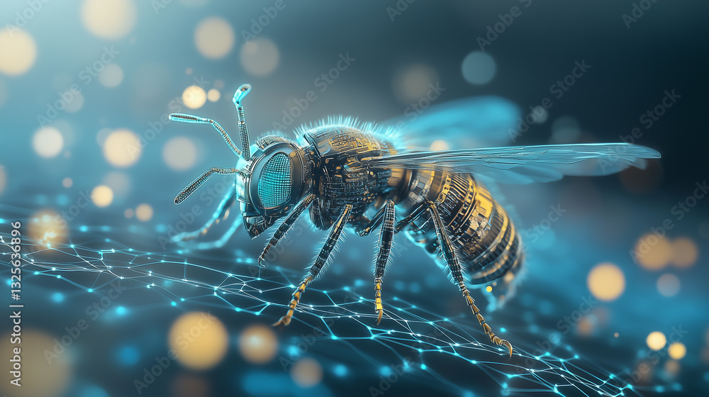 Aufkleber cybernetic bee: a close-up of a technologically advanced bee, seamlessly integrated with cybernetic 