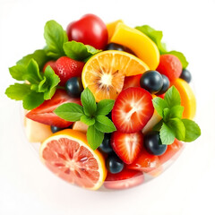 Naklejka premium Premium fresh fruit salad on white background with studio lights