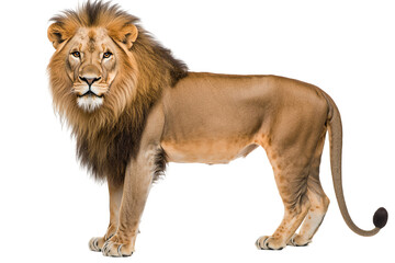 Obraz premium Majestic lion standing proudly, displayed against a white isolated background.