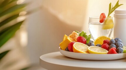 Obraz premium Refreshing citrus and berry fruit platter with sparking water in sunlit room