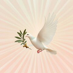 Obraz premium A serene white dove gracefully extends its wings while holding an olive branch in its beak, symbolizing peace and tranquility amidst a gentle pastel backdrop
