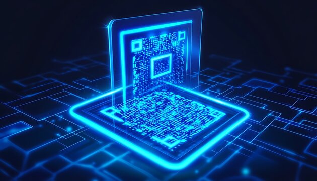 Sleek QR code marketing icon with a futuristic code scanner and glowing effect in blue