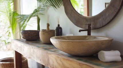 Elegant Antique Wooden Vanity in Earthy Bathroom