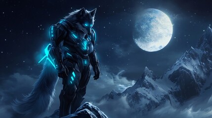 Fototapeta premium Glowing Blue Wolf Robot in Snowy Mountains at Night