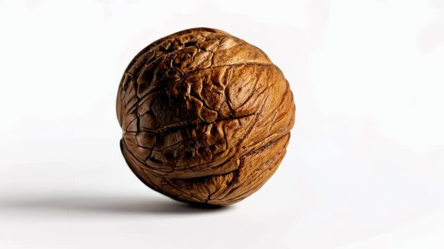 Rotating walnut shell on white background exhibiting texture and detail