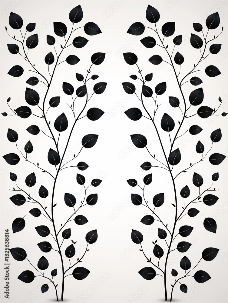 Poster elegant branch design: two stylized branches gracefully ascend, adorned with symmetrical black leave