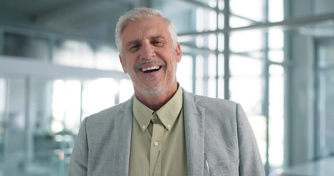 Mature manager, face and businessman with glasses in office with chief investment officer at hedge fund. Portrait, financial ceo and happy executive, company director and professional laugh in USA