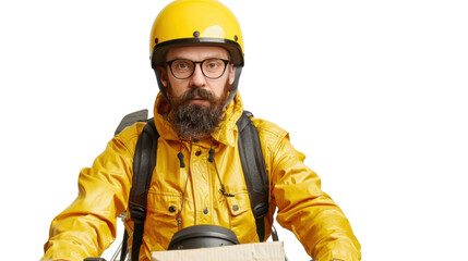 Deliveryman wearing helmet and backpack delivering package on transparent background