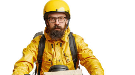 Deliveryman wearing helmet and backpack delivering package on transparent background