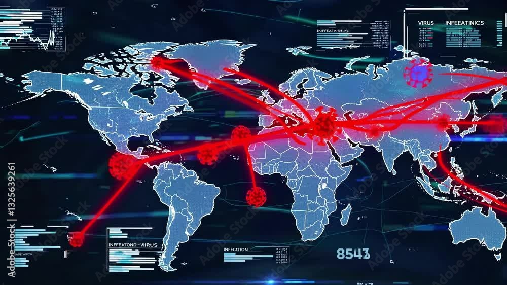 Poster interactive global map visualization featuring geopolitical boundaries, digital connections, and dat
