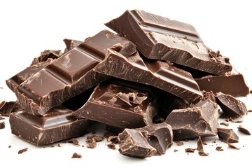 Dark chocolate pieces.  A pile of broken dark chocolate bars, scattered pieces, and shavings.  Rich, dark brown color
