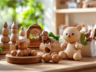 A collection of charming wooden toys, including teddy bears and animal figures, displayed in a bright, cheerful setting.