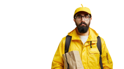 Delivery man holding paper bag wearing yellow raincoat and backpack on transparent background