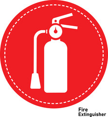 Fire extinguisher sign. Firefighters tools for flame fighting symbol, logo, badge, icon, sticker, label, emblem, stamp, red, line, flat vector, isolated illustration.