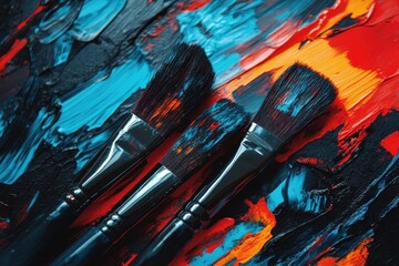 Obraz premium Three paintbrushes lie on a vibrant, colorful palette. Perfect for projects about art, creativity, and painting.