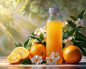 A vibrant bottle of orange juice surrounded by fresh oranges and fragrant blossoms, illuminated by soft sunlight.