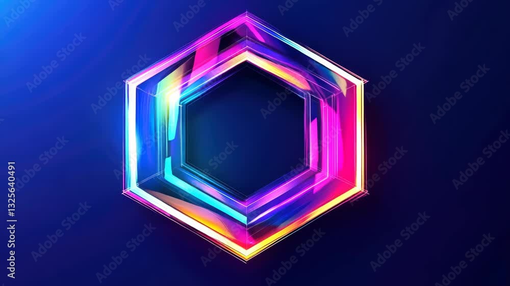 Poster vibrant hexagonal neon shape pulsates with colorful energy in futuristic animation