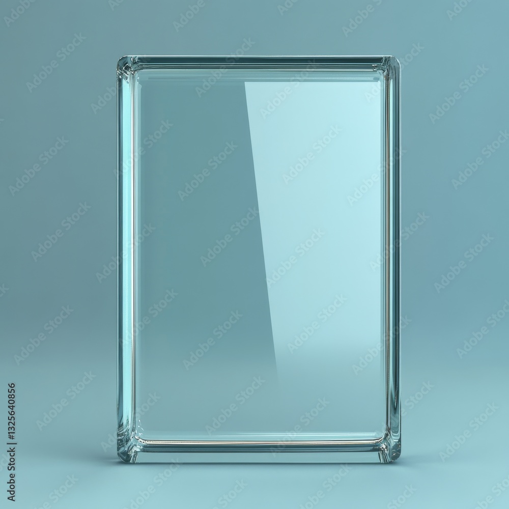 Poster clear glass block on soft blue background: minimalist product display for modern design