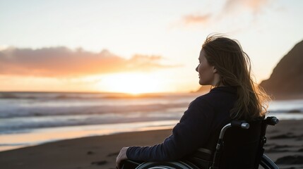 Empowering disable sunset reflection beach lifestyle calm side view freedom