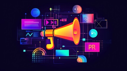 digital PR icon with interconnected media coverage and brand storytelling elements