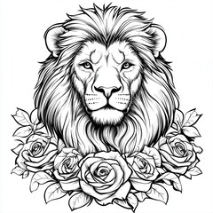 Obraz premium Majestic Lion Head Surrounded by Blooming Roses in Black and White Art
