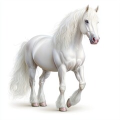 Majestic White Draft Horse with Long Flowing Mane and Tail on White Background