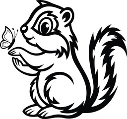 A Cute squirrel with butterfly silhouette vector illustration, Cute squirrel with butterfly isolated line art vector