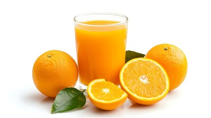 Orange juice and oranges isolated on white background