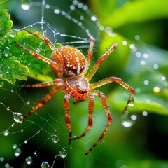 A close-up of a spider on a leaf, showcasing its intricate web glistening with droplets of water, surrounded by vibrant green foliage.