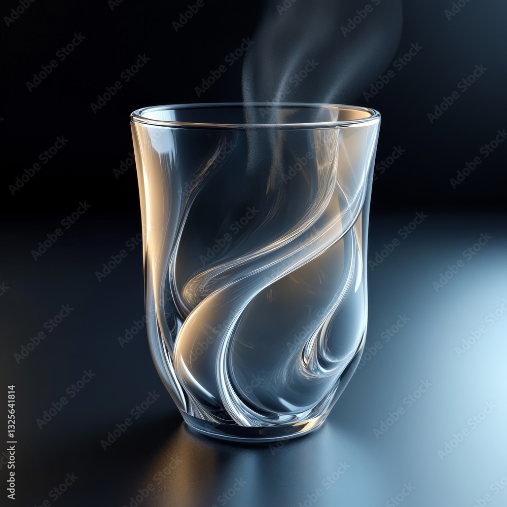 Poster elegant glassware: a swirling symphony of light and warmth with subtle steam against a dark backdrop